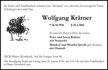 Traueranzeige von Wolfgang Krämer von  Allgemeine Zeitung Mainz