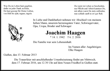 Traueranzeige von Joachim Haagen von  Gießener Anzeiger