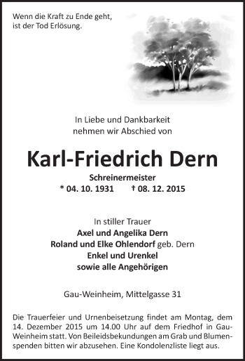 Traueranzeige von Karl-Friedrich Dern von  Allgemeine Zeitung Alzey