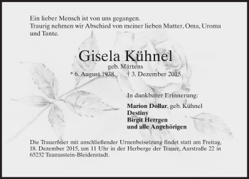 Traueranzeige von Gisela Kühnel von  WK-UTA/Aar-Bote