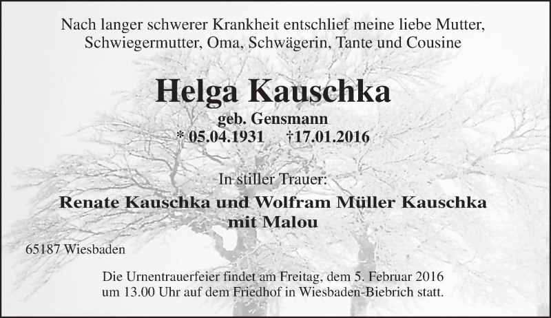  Traueranzeige für Helga Kauschka vom 30.01.2016 aus  Wiesbaden komplett