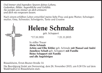 Traueranzeige von Helene Schmalz von  Mainspitze