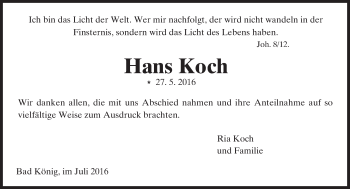 Traueranzeige von Hans Koch von Trauerportal Echo Online