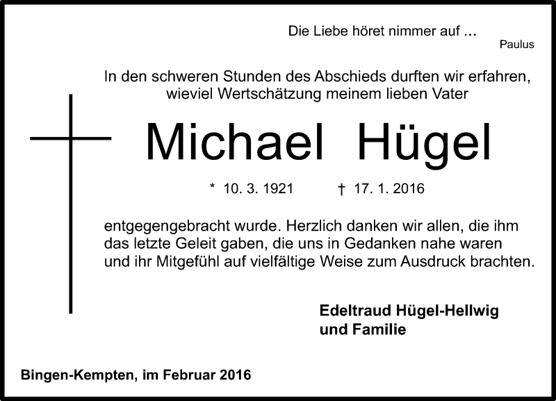  Traueranzeige für Michael Hügel vom 06.02.2016 aus  Allgemeine  Zeitung Ingelheim-Bingen