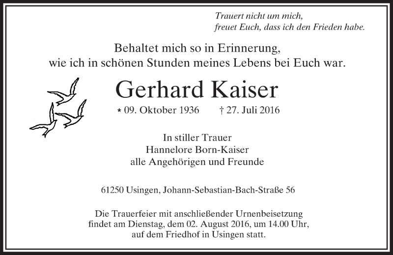  Traueranzeige für Gerhard Kaiser vom 30.07.2016 aus  Usinger Anzeiger