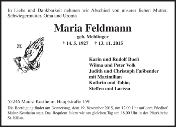 Traueranzeige von Maria Feldmann von  Allgemeine Zeitung Mainz