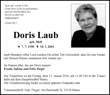 Traueranzeige von Doris Laub von  Allgemeine Zeitung Mainz