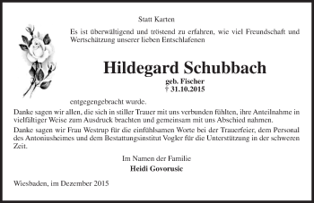 Traueranzeige von Hildegard Schubbach von  Wiesbaden komplett