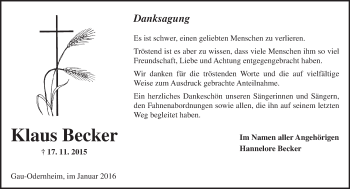 Traueranzeige von Klaus Becker von  Allgemeine Zeitung Alzey
