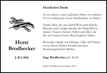 Traueranzeige von Horst Brodbecker von  Allgemeine Zeitung Mainz