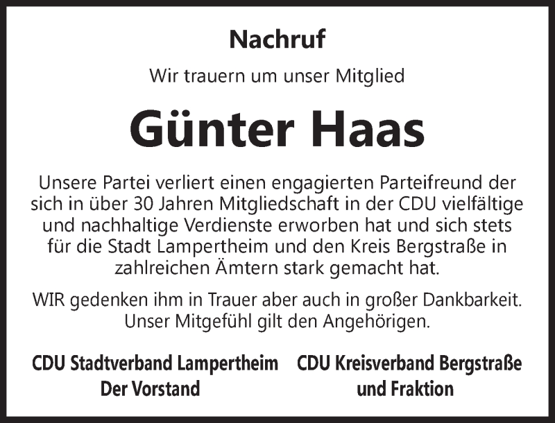  Traueranzeige für Günter Haas vom 14.11.2015 aus  Bürstädter Zeitung
