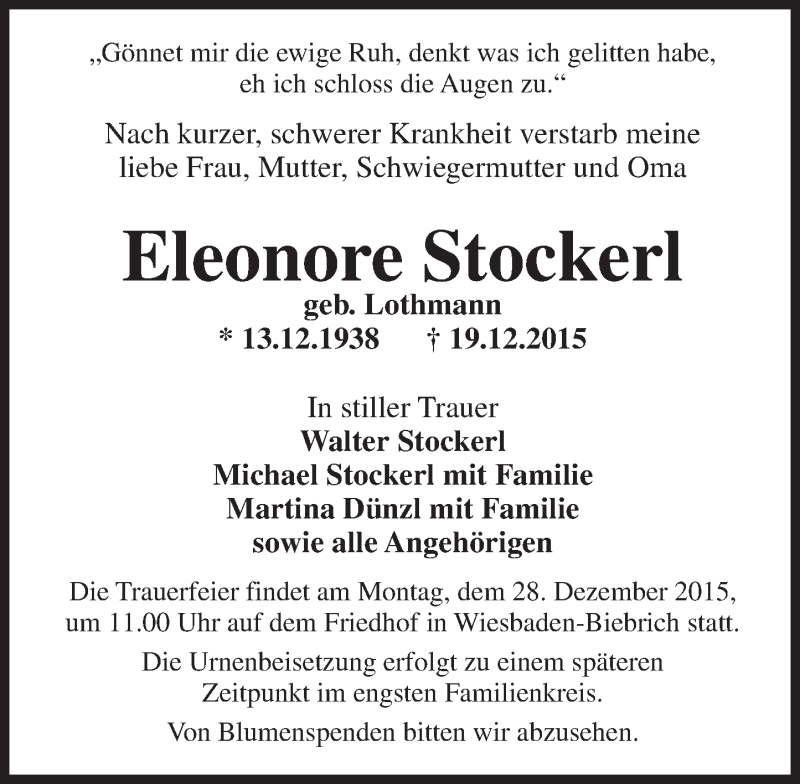  Traueranzeige für Eleonore Stockerl vom 24.12.2015 aus  Wiesbaden komplett