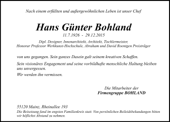 Traueranzeige von Hans Günter Bobland von trauer.rmp.de