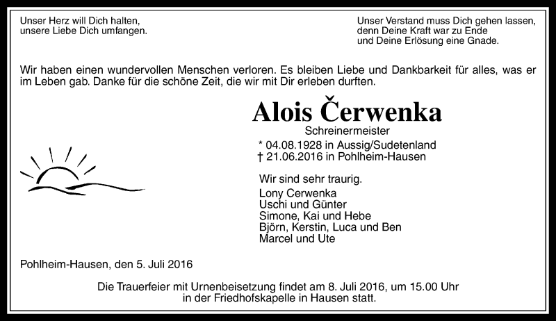  Traueranzeige für Alois Cerwenka vom 05.07.2016 aus  Gießener Anzeiger