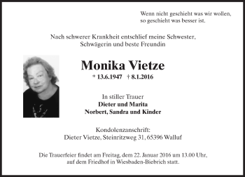 Traueranzeige von Monika Vietze von  Wiesbaden komplett