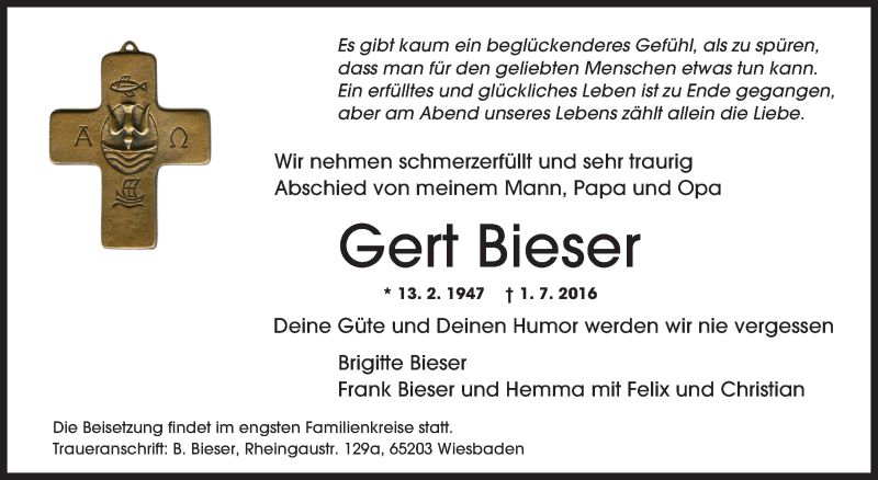  Traueranzeige für Gert Bieser vom 09.07.2016 aus Trauerportal Rhein Main Presse