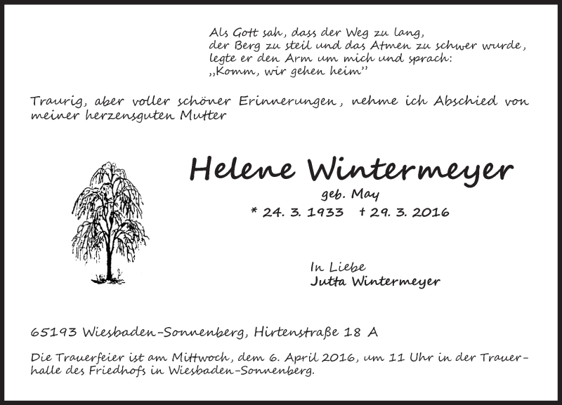  Traueranzeige für Helene Wintermeyer vom 02.04.2016 aus  Wiesbaden komplett