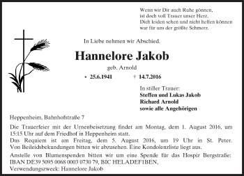 Traueranzeige von Hannelore Jakob von Trauerportal Echo Online