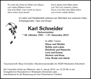 Traueranzeige von Karl Schneider von  Wiesbaden komplett