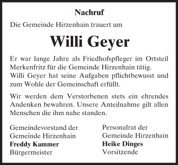 Traueranzeige von Willi Geyer von  Gederner Stadtnachrichten
