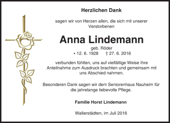 Traueranzeige von Anna Lindemann von Trauerportal Echo Online