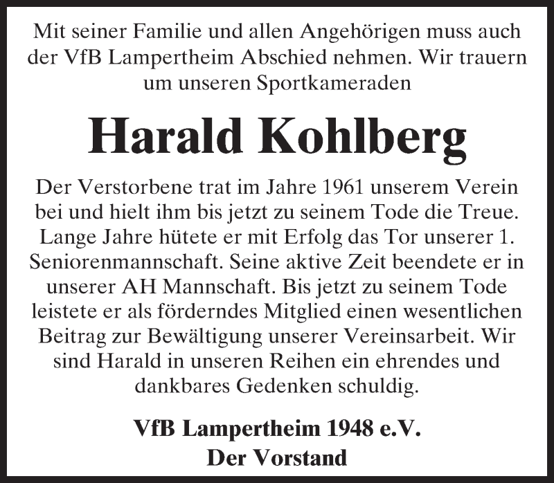  Traueranzeige für Harald Kohlberg vom 19.11.2015 aus  Bürstädter Zeitung