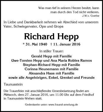 Traueranzeige von Richard Hepp von  Wiesbaden komplett