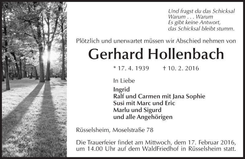  Traueranzeige für Gerhard Hollenbach vom 13.02.2016 aus trauer.echo-online.de