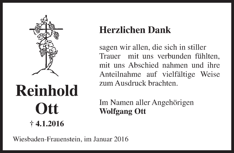  Traueranzeige für Reinhold Ott vom 30.01.2016 aus  Wiesbaden komplett