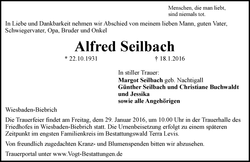  Traueranzeige für Alfred Seilbach vom 23.01.2016 aus  Wiesbaden komplett