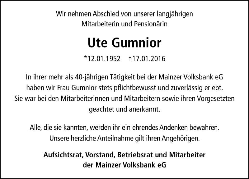 Traueranzeige für Ute Gumnior vom 23.01.2016 aus trauer.rmp.de