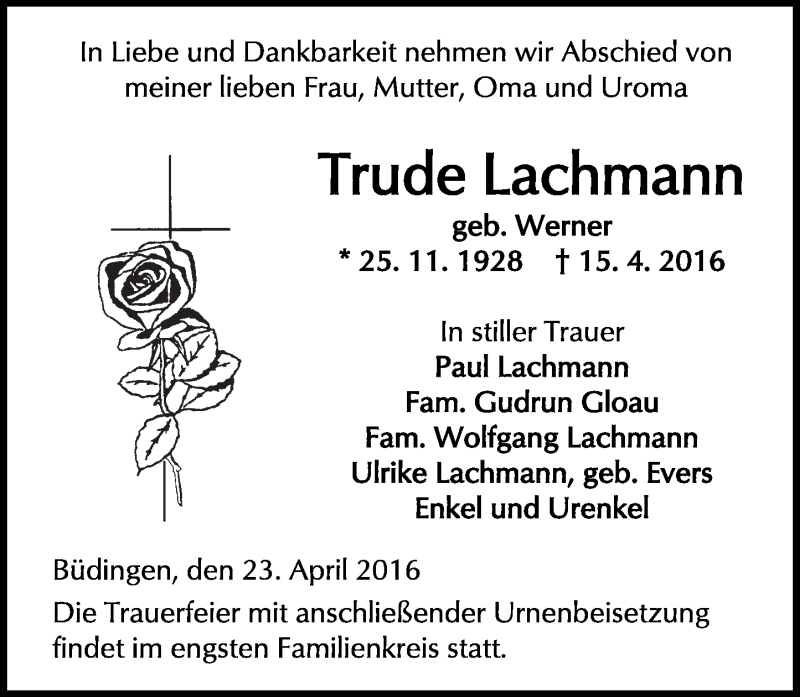  Traueranzeige für Trude Lachmann vom 23.04.2016 aus  Kreisanzeiger