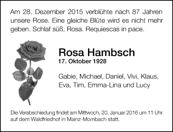 Traueranzeige von Rosa Hambsch von  Allgemeine Zeitung Mainz