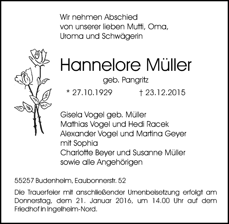  Traueranzeige für Hannelore Müller vom 02.01.2016 aus  Allgemeine  Zeitung Ingelheim-Bingen