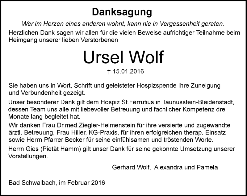  Traueranzeige für Ursel Wolf vom 06.02.2016 aus  WK-UTA/Aar-Bote