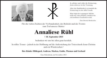 Traueranzeige von Annaliese Rühl von  Allgemeine Zeitung Alzey