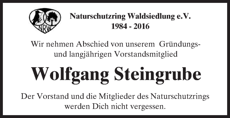  Traueranzeige für Wolfgang Steingrube vom 05.02.2016 aus  Kreisanzeiger