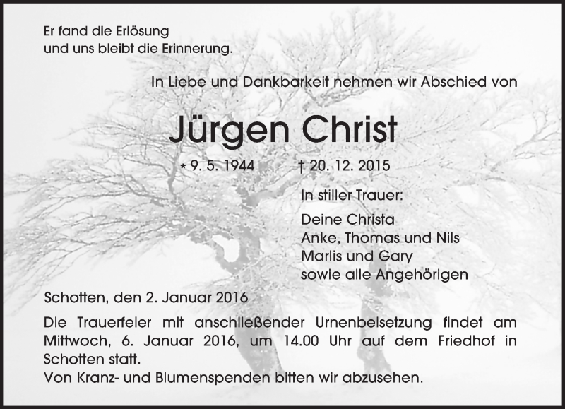  Traueranzeige für Jürgen Christ vom 02.01.2016 aus  Kreisanzeiger