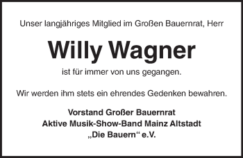 Traueranzeige von Willy Wagner von  Allgemeine Zeitung Mainz