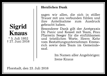Traueranzeige von Sigrid Knaus von  Kreisanzeiger