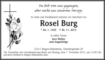 Traueranzeige von Rosel Burg von  Allgemeine  Zeitung Ingelheim-Bingen