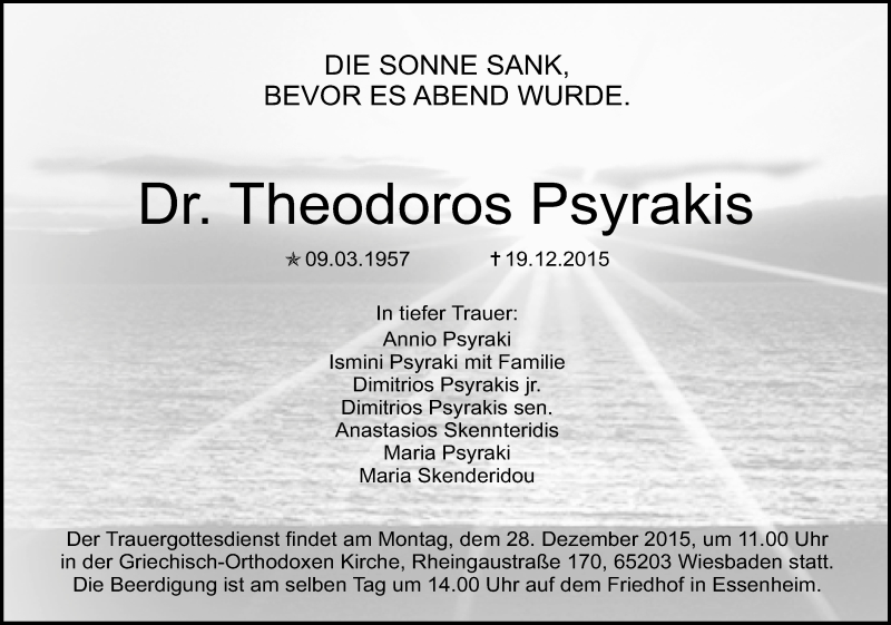  Traueranzeige für Theodoros Psyrakis vom 24.12.2015 aus  Wiesbaden komplett
