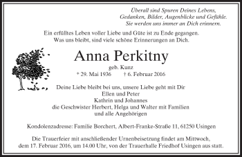 Traueranzeige von Anna Perkitny von  Usinger Anzeiger