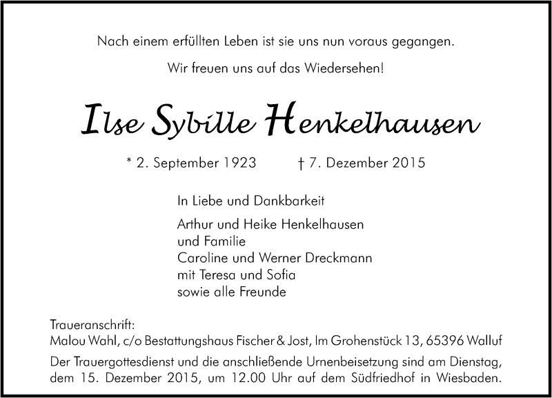  Traueranzeige für Ilse Sybille Henkelhausen vom 12.12.2015 aus  Wiesbaden komplett