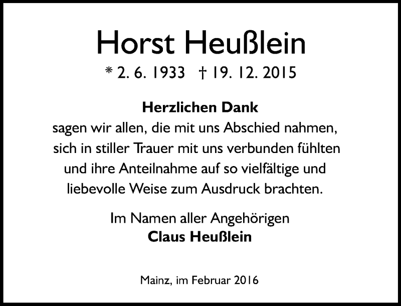  Traueranzeige für Horst Heußlein vom 06.02.2016 aus  Allgemeine Zeitung Mainz