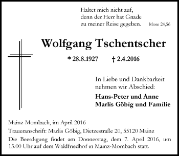 Traueranzeige von Wolfgang Tschentscher von  Allgemeine Zeitung Mainz