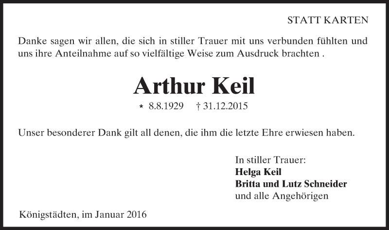  Traueranzeige für Arthur Keil vom 20.01.2016 aus  Mainspitze
