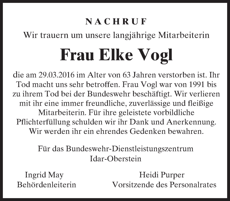  Traueranzeige für Elke Vogl vom 25.04.2016 aus trauer.rmp.de