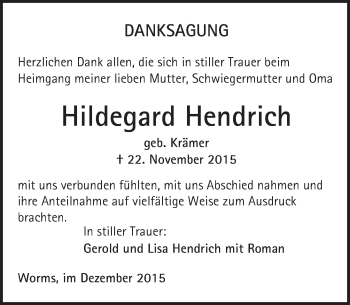 Traueranzeige von Hildegard Hendrich von  Wormser Zeitung