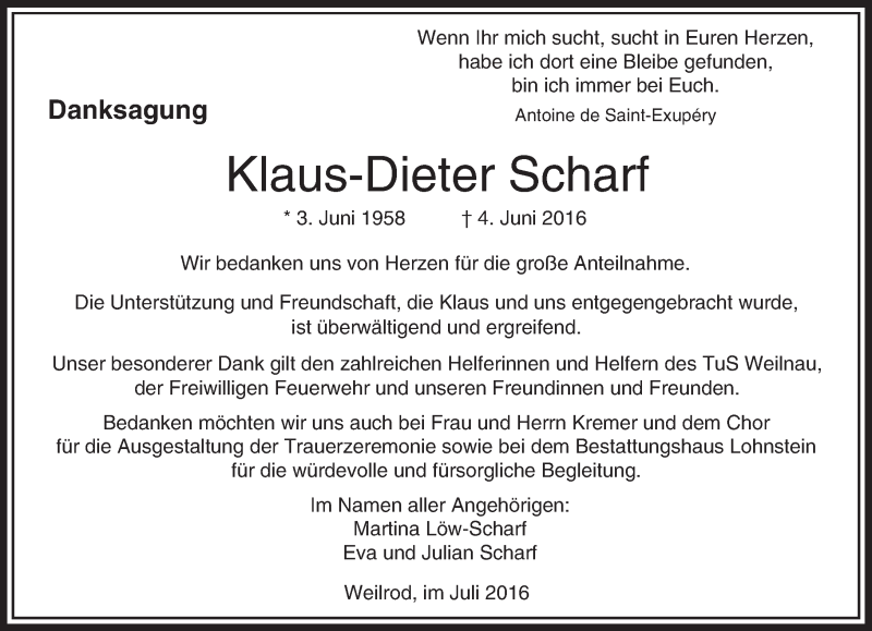  Traueranzeige für Klaus-Dieter Scharf vom 09.07.2016 aus  Usinger Anzeiger